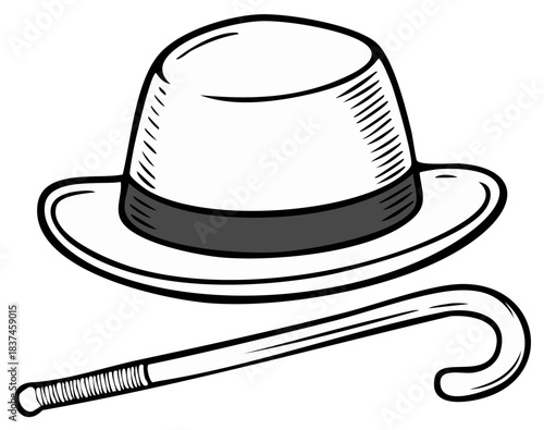 Elegant Classic Fedora Hat and Walking Cane Vintage Gentleman Fashion Accessories Line Art