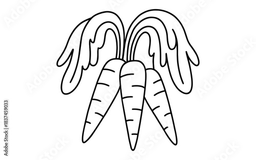Black and white carrot outline with leaves for coloring pages