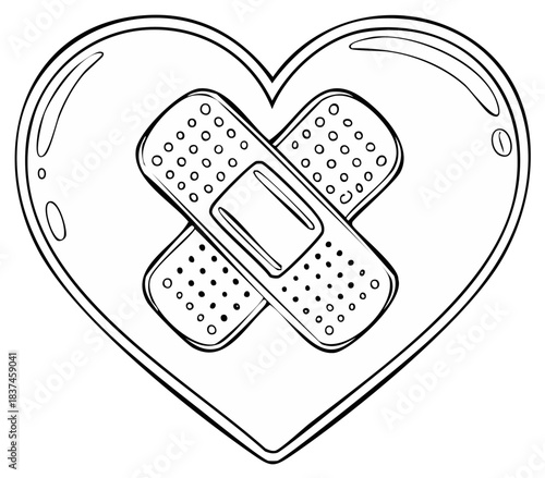 Monochrome cartoon heart with two crossed band aids illustrating emotional healing and care