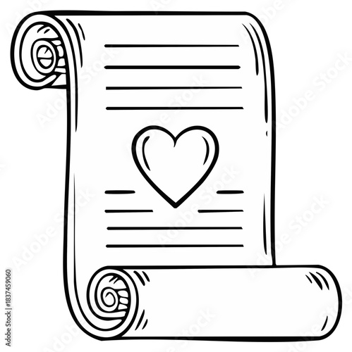 Decorative hand drawn scroll with heart symbol and text lines representing a special love message or romantic declaration