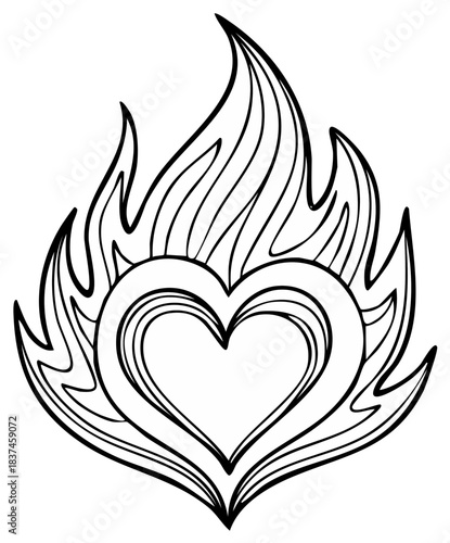 Stylized Black and White Heart with Flames Outline Illustration Representing Love and Passion
