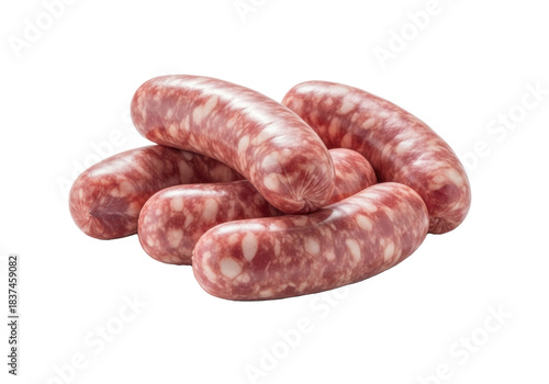 Three to five fresh pork sausages, natural casing, marbled pink and white meat, casually piled on a transparent background with soft shadow and copy space, fresh meat product concept