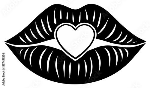 Striking black and white lips embracing a white heart symbol a graphic representation of love and romance