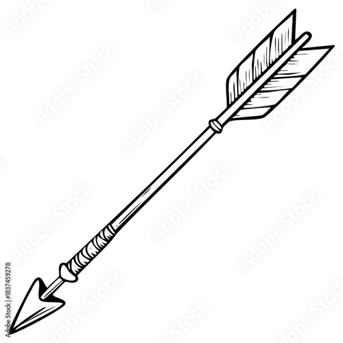 Retro arrow with fletching and point in a diagonal orientation illustration