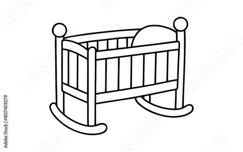 Monochrome line drawing of a rocking baby cradle