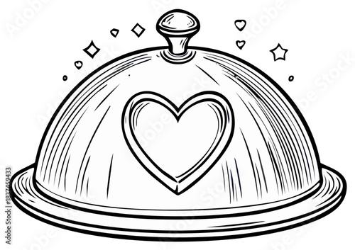 Elegant cloche food cover with heart design and decorative elements line art