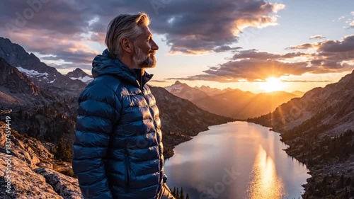 Bearded Man in Blue Puffer Jacket Gazes at Golden Sunset Over Serene Alpine Lake Surrounded by Rocky Mountains and Pine Trees