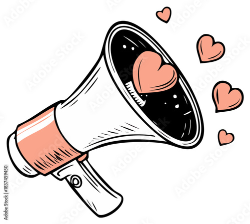 Retro Hand-Drawn Megaphone Broadcasting Pink Hearts Love Announcement