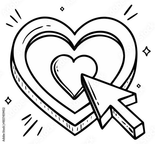 Cursor hovering over nested hearts in a doodle art style symbolizing selection or liking