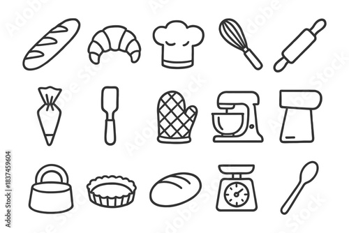 Collection of baking tools and ingredients icons in black and white.