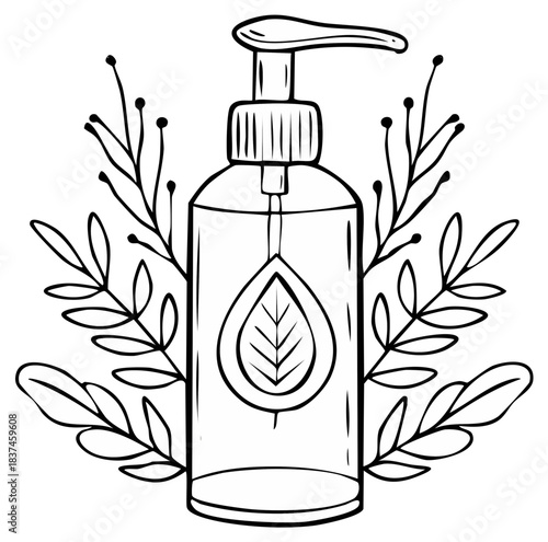 Line art illustration of a clear pump bottle with a leaf symbol and botanical elements