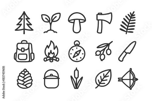 Nature adventure icons set: camping, hiking, and survival symbols collection.