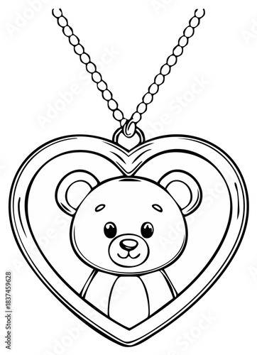 A cute cartoon teddy bear inside a heart-shaped locket, a black and white line art illustration.