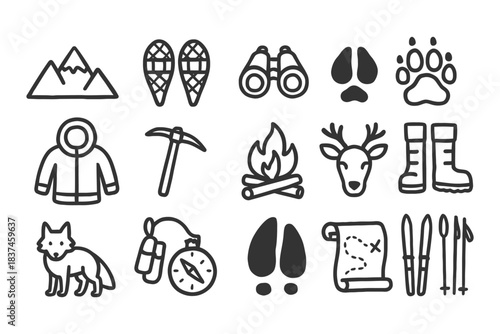 Winter adventure icons: mountains, snowshoes, binoculars, fire, compass, map, animal tracks.