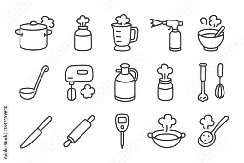 Cooking utensils collection: pots, knives, rollers, blenders, and more kitchen tools.