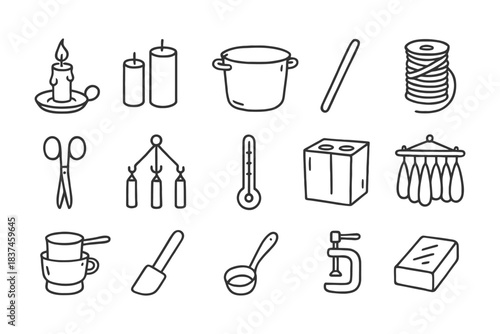 Hand-drawn household items: candles, pot, thermometer, utensils, soap block.