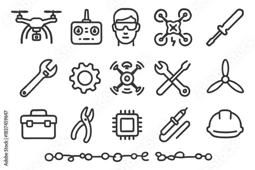 Drone and engineering icon set with tools and components.