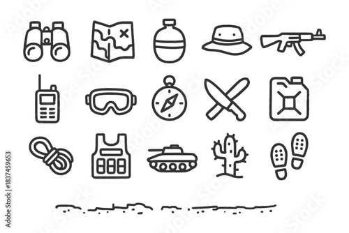 Survival gear icons: binoculars, map, compass, tank, cactus.