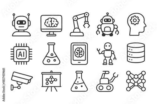 Artificial intelligence icons set featuring robots and technology elements.