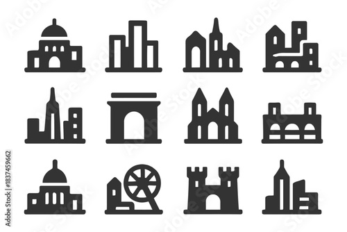 Icon set of famous global landmarks in monochrome style.