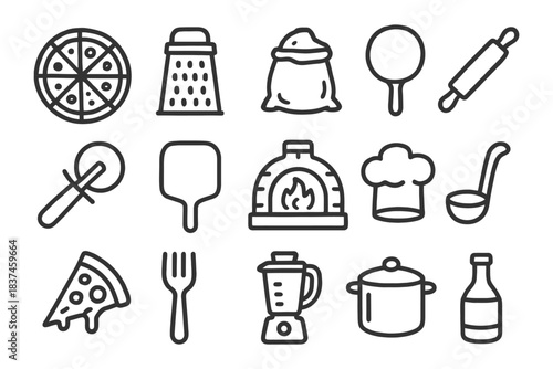 Kitchen utensils and appliances: pizza, grater, oven, chef hat, blender.