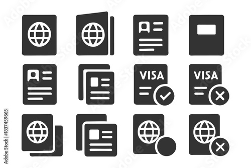 Passport and visa icons set displaying travel and identification symbols.