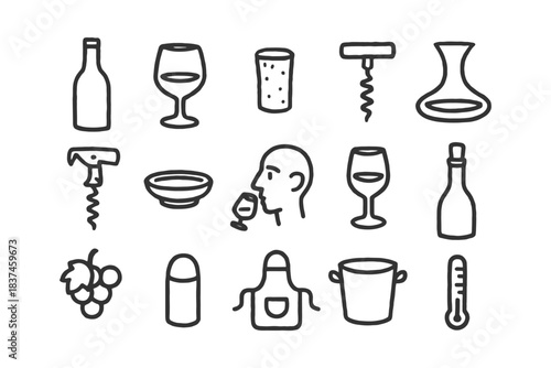 Wine icons collection: glasses, corkscrews, decanter, and accessories.
