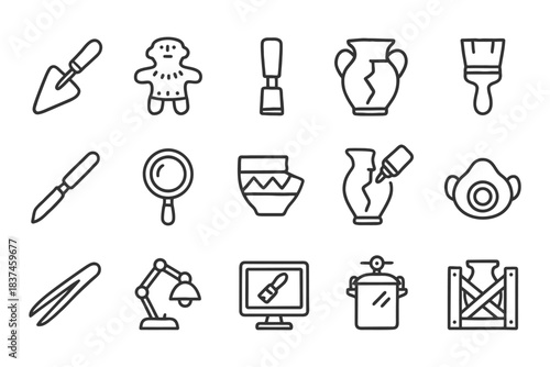 Archaeological artifact restoration tools icons - trowel, vase, magnifying glass, brush.