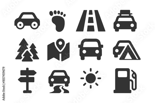 Travel and transportation icons: car, road, map, camping, fuel, sun, sign, footprint.