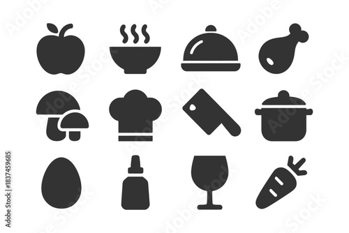 Culinary icons: apple, soup, chef hat, chicken leg, wine glass, carrot.