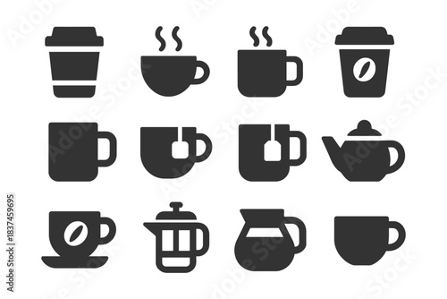 Coffee and tea icon set including mugs, cups, teapot, french press, and kettle.