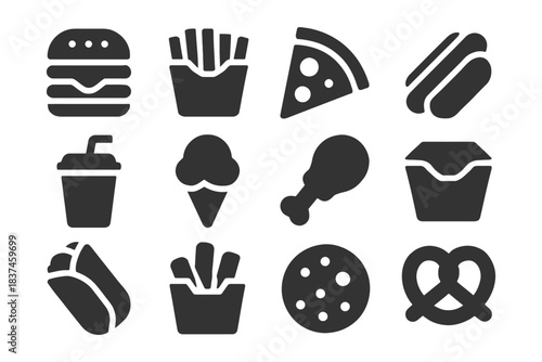 Assorted fast food icons: burgers, fries, pizza, hot dogs, and more.