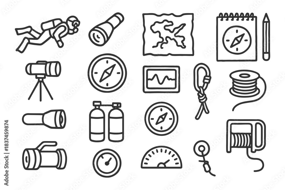 Fototapeta premium Outdoor adventure equipment icons: compass, map, flashlight, and gear collection.