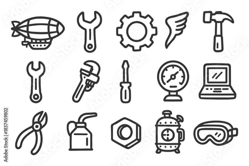 Collection of industrial tools and symbols in simple black line art style.