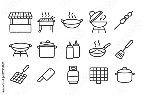 Hand-drawn bbq equipment icons set: grill, skewer, pot, spatula, gas cylinder.