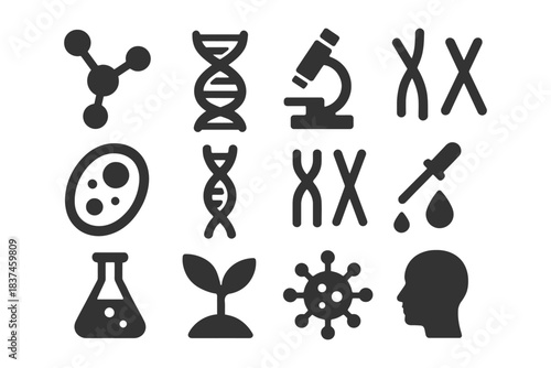Science icons: dna, microscopes, cells, chromosomes, and more.