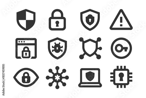 Cybersecurity icon set: shields, locks, malware, network, security.