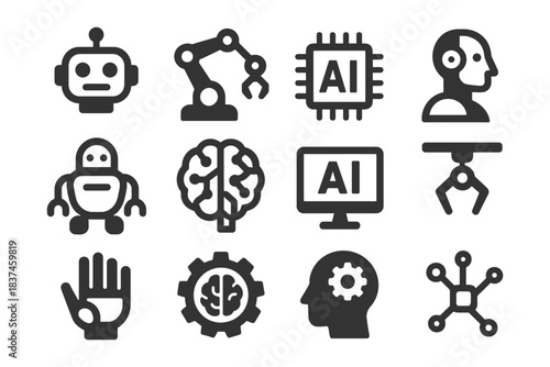 Artificial intelligence icons: robots, ai chips, robotics, brain, technology.