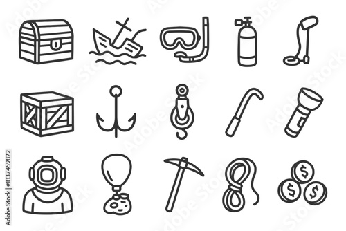 Hand-drawn diving adventure icons with treasure chest and maritime tools.