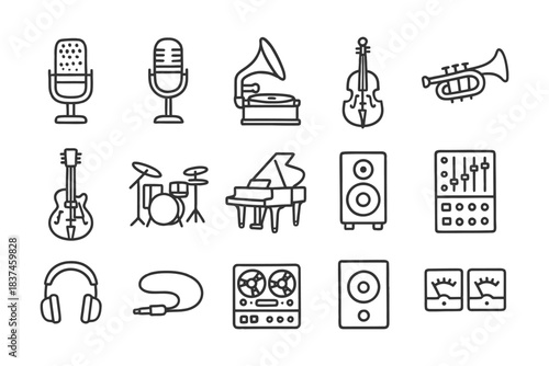 Collection of music icons: microphones, instruments, audio equipment, and speakers.