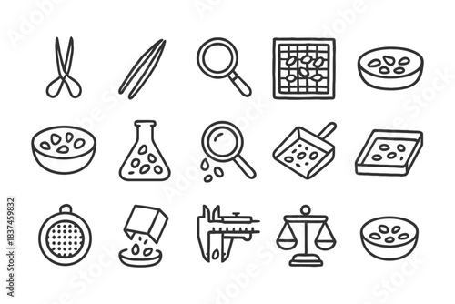 Line art scientific tools and seed measurement icons set.