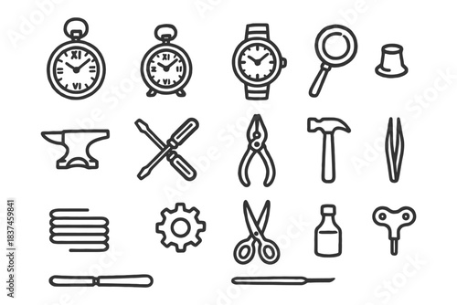 Vintage watchmaking tools and icon set with various mechanical instruments.