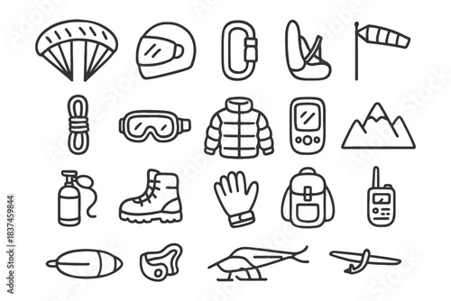 Skydiving and outdoor adventure gear icons set.