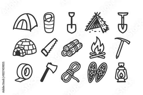 Outdoor camping and survival gear icons: tent, sleeping bag, fire, tools.
