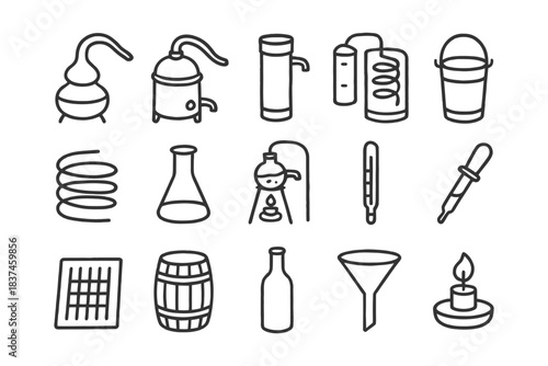 Outline icons of distillation equipment including flask, beaker, thermometer, and funnel.