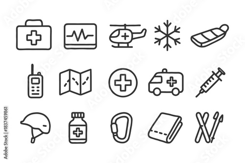 Emergency and survival icons: first aid, medical, safety, rescue, outdoor essentials.