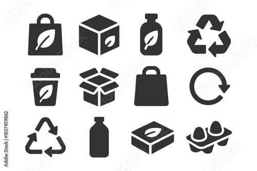 Eco-friendly icon set featuring recycling and sustainable packaging designs.