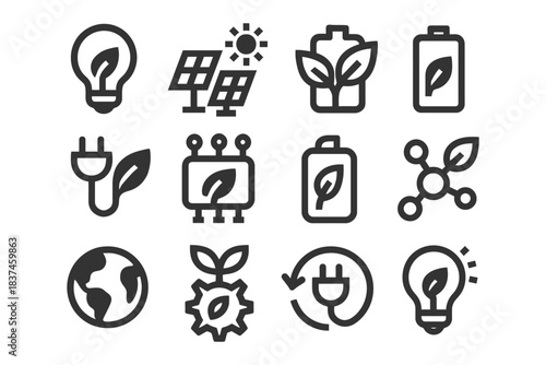 Eco-friendly energy icons: solar panels, green leaves, globe, and electrical symbols.