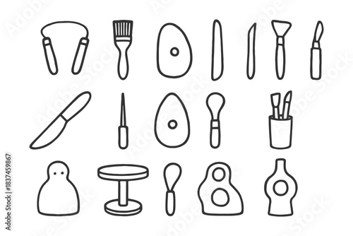 Set of hand-drawn pottery and sculpting tools icons in black and white.