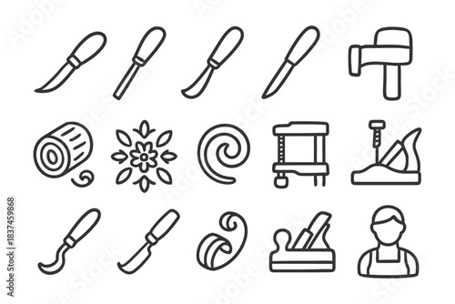 Woodworking tools and equipment line icons set.